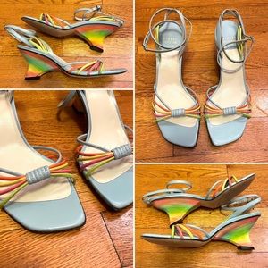 Stuart Weitzman Vintage Rainbow Festival Slingback Wedge Strap Sandal Heel